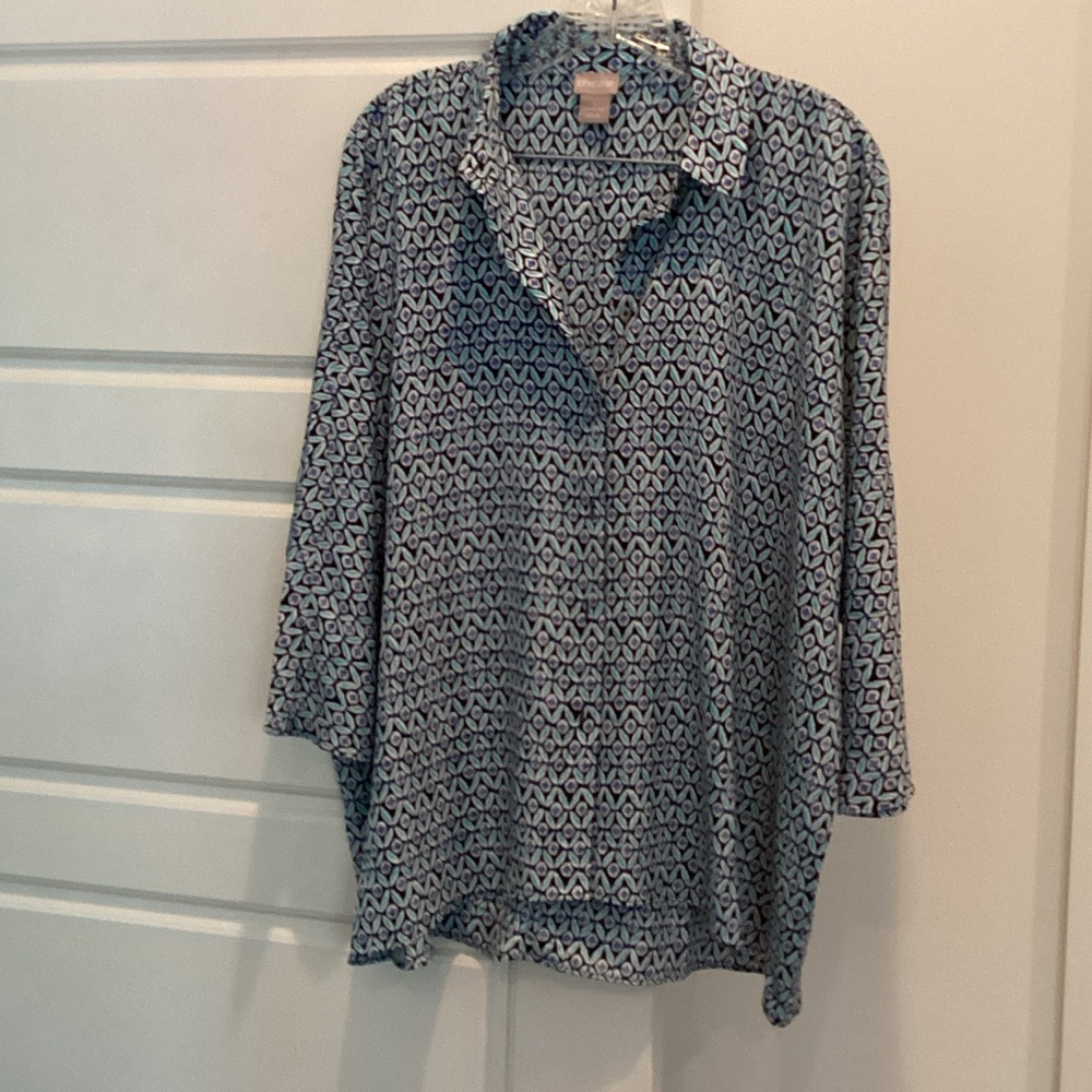 Chico's Navy and White Geometric Button Down Shirt